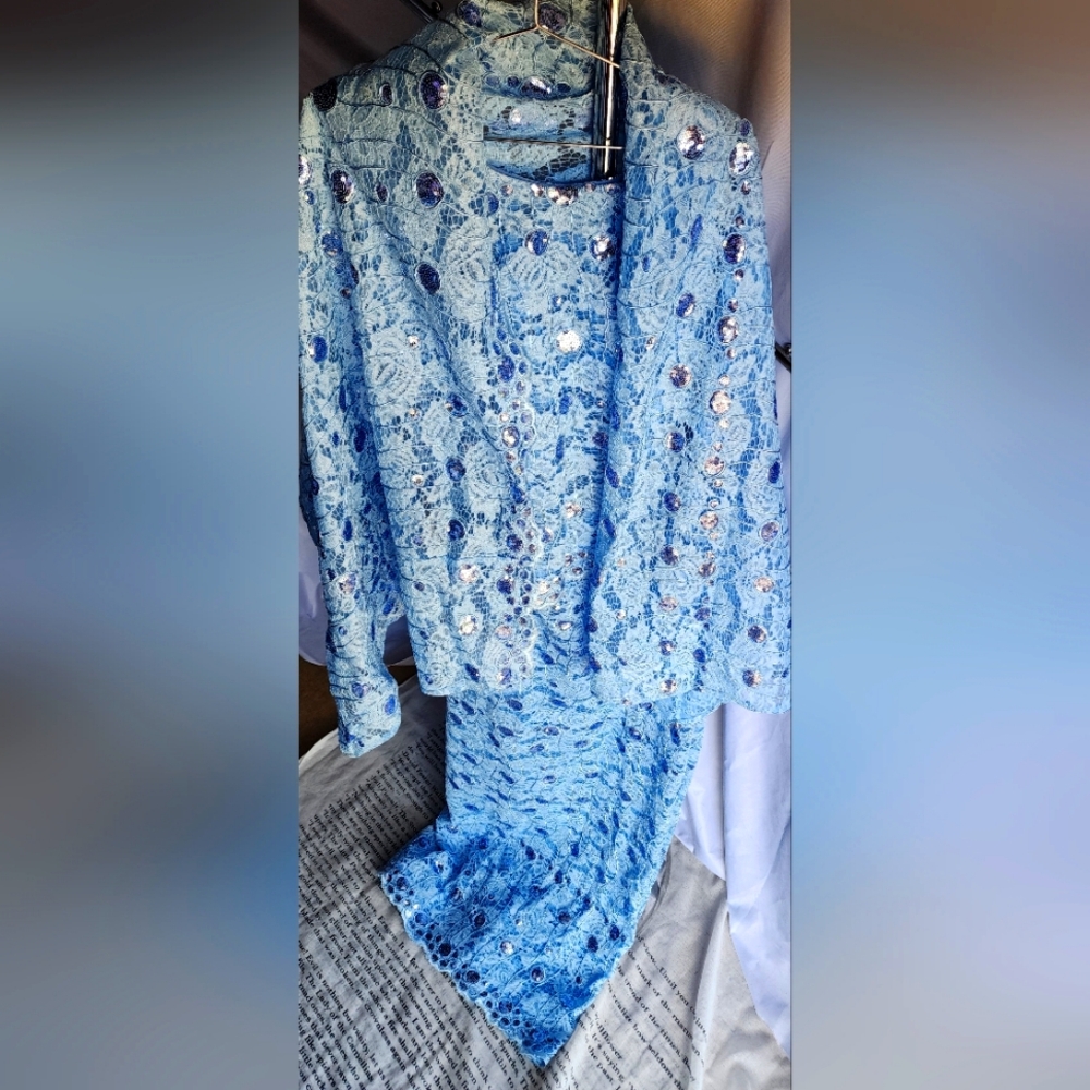 Blue Lace Floral Dress with Sequins